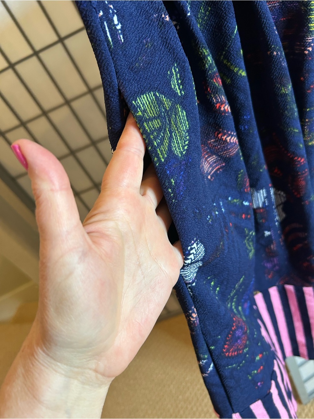 LuLaRoe Amelia Navy Floral Short-Sleeve Dress with Pink Stripe Hem - Picture 3 of 5